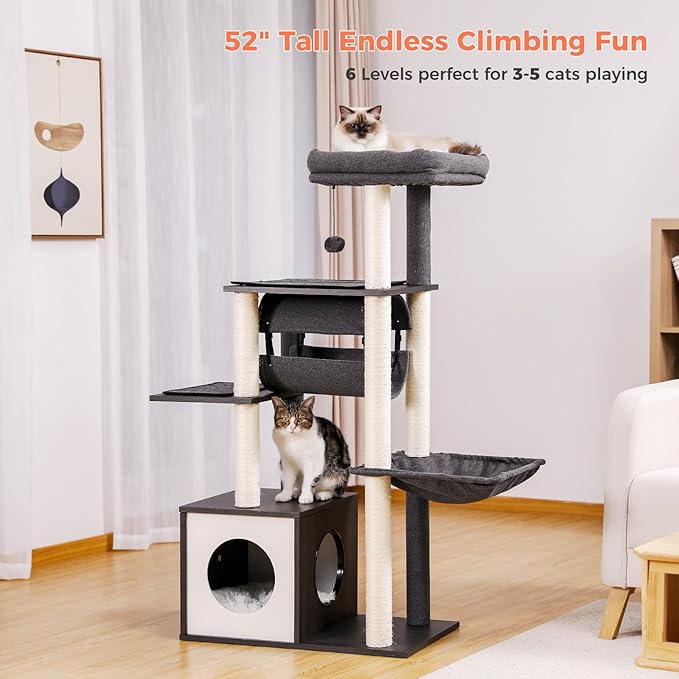 52" Cat Tree for Indoor Cats Large Adult, Modern Cat Tower with Fully Sisal Covered Scratching Posts, Cat Furniture with Spacious Perch, Super Large Hammock, Cozy Condo and Swing Tunnel Black