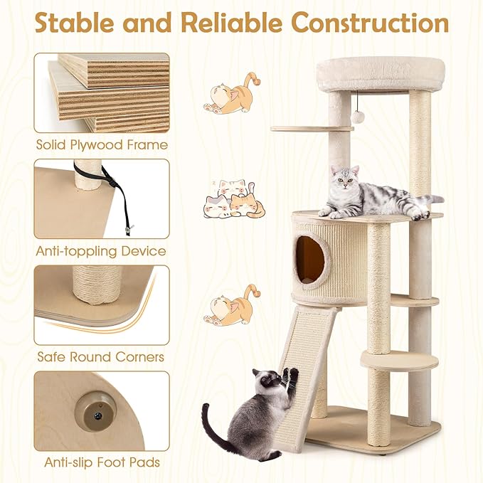 PETSITE 56 Inches Wooden Cat Tree, Multi-Level Modern Cat Tower with Sisal Scratching Posts, Comfy Condo with Sisal Covered Exterior, Climbing Ladder, Dangling Ball, and Soft Top Perch