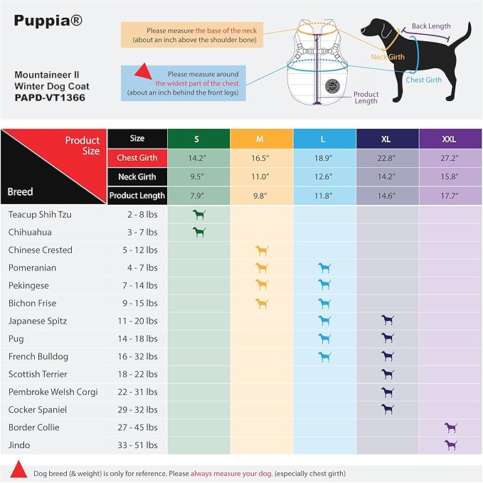Puppia Mountaineer Winter Dog Coat with integrated harness No Pull Cold Weather Waterproof Warm Fleece Back Zipper for Small & Medium Dog, BLACK, XX-Large