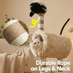 ZEZE Tunnel Cat Tree Condo for Indoor Cats, Animal-Themed Cat Tower with Cozy Tunnel Hideout, 3 Sisal Scratching Posts, Hanging Ball Toy, Thick Base (Sheep)