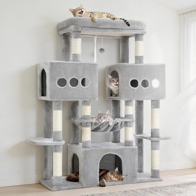 Hey-brother Cat Tree Tower, Large Sisal Scratching Posts with Big Platform, 3 Spacious Condos, Plush Hammock, Toy, 57.5 Inches Multi-Level Furniture for Indoor Adults Maine Coon, Light Gray MPJ083W