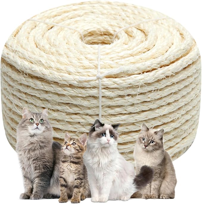 Natural Sisal Rope 1/4 Inch 6mm 164-Feet for Cat Scratching Post Tree Tower Replacement Repair and Replace, DIY Hemp Twine Rope for Cat Scratching Furniture Window Perch and Crafts Gardening
