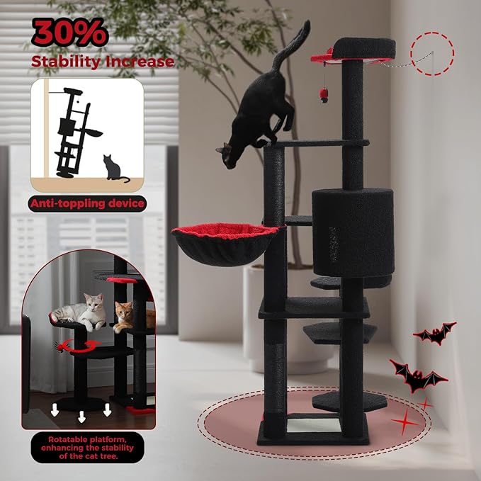 Gothic Cat Tree for Large Cats with Coffin Bed, 59" Tall Cat Tower with Spacious Condo, Large Hammock, Scratching Posts and Spider Dangling Balls, Sturdy Play House for Indoor Cats, Black