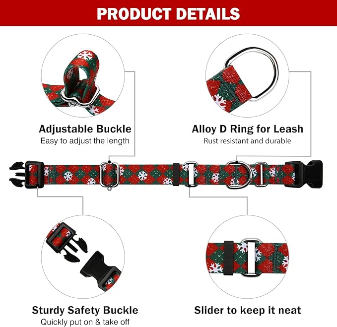 Hikiko Martingale Collar for Dogs with Buckle for Small Medium Large Dogs Soft Nylon Christmas Dog Collars Walking Training（Red Green Plaid,Small）