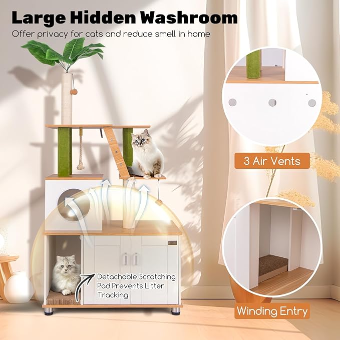 PETSITE Cat Tree with Litter Box Enclosure, Multi-Level Modern Cat Tree Tower with Sisal Scratching Posts, Cat Condo, Ladder, Dangling Balls, Interactive Sisal Rope, and Hidden Litter Box