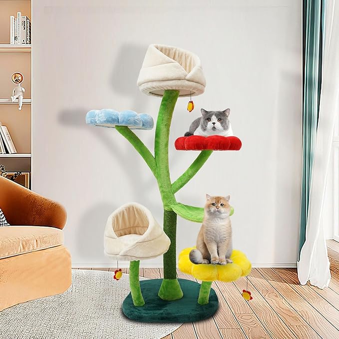 Flower Cat Tree, 65 Inch Tall Cat Tower, 6 Tier Detachable Cats Scratching Posts, Modern Flower Shaped Platforms for Homes Pet Shops (Colorful)