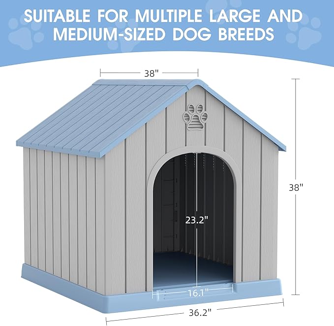 Fancyango Dog House Outdoor Indoor, Weatherproof Insulated Dog House with Elevated Floor and Air Vents for Small to Medium Dogs,Easy Clean and Assemble (Blue, 36.2''L×38''W×38''H)