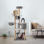 Cat Tree, W23.6*D15.7*H63in Cat Climbing Tower for Indoor Cats, Multi-Layer Cat Condo with Cat House, Hammock, Jumping Platforms, Scratching Posts, Holds 7.5kg/16.5lbs (Grey)