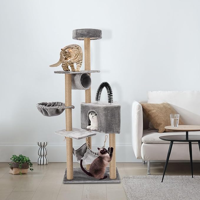 Multi-Level Cat Tower Cat Tree with Scratching Posts, Hammock, Condo, Jumping Platforms, 16.53 Lbs Load Capacity, 63" Tall Wooden Cat Condo Perch for Indoor Large/Small Cats (Silvery Grey)