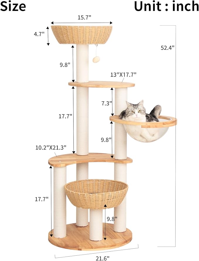 Modern Cat Tree for Large Cat, Wood Cat Tower Heavy Duty with Scratch Post for Indoor Big Cats (133cm (Natural Wood))