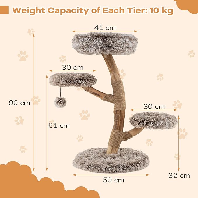 PETSITE 35.5-inch Wood Cat Tree, Multi-Level Real Pear Wood Modern Cat Tower with Jute Scratching Posts, Dangling Ball, Cozy Top Perch, 2 Jumping Platforms, Soft Long Plush Covered