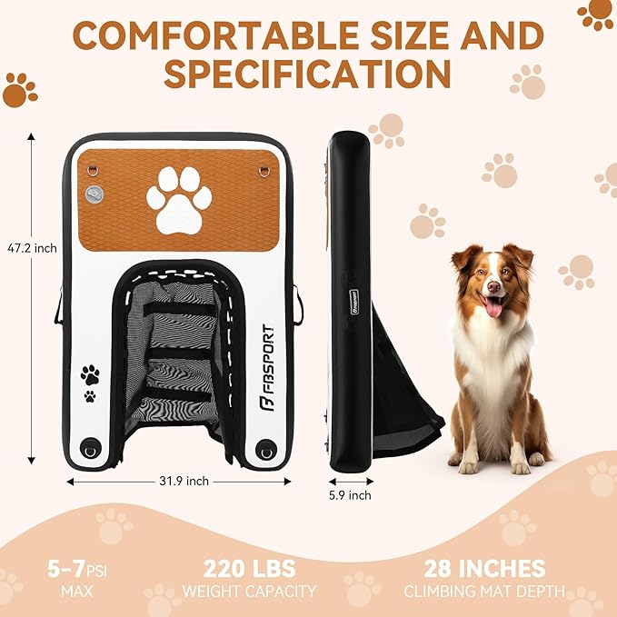 FBSPORT Inflatable Dog Boat Ramp Floating Dock Water Ladder for Pool, Boat, Non-Slip EVA Floating Ladder Pool Ramp for Dog Up to 220 LBs, Safe & Easy Access