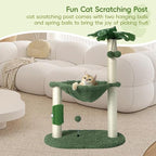 MECOOL Cat Tree Tower 32" Tall Scratching Post with Large Hammcok for Indoor Cats,Self-Massage Bursh Hanging Ball Toys,Monstera Deliciosa Green