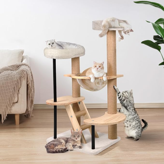 Solid Wood Cat Tree, 40" Tall Wooden Tower for Cats with Scratching Posts, Plush Perch, Large Space Capsule, Platforms, Removable Pads Heavy-Duty Indoor Cat Furniture Toys (Natural)