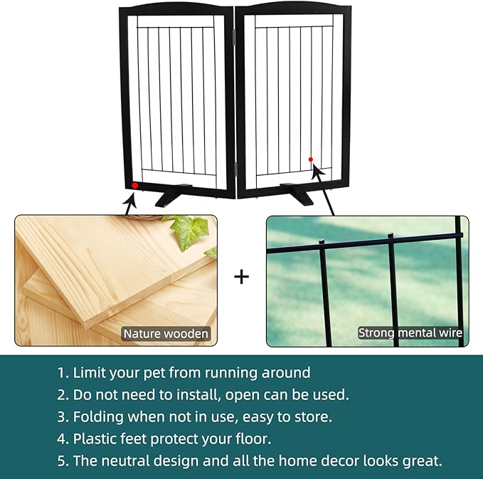 Dog Fence Indoor,Dog Gate Indoor for Doorway pet gate -2-Panel Freestanding, Hallways, House or Stairs -40x32-Inch Retractable Foldable Expandable Wood Pet by SFJC (Black) ﻿