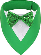 ADOGGYGO St.Patrick's Day Dog Tuxedo Bandana, Green Pet Tux Collar with Bowtie Adjustable St Patricks Costume for Small Dogs Pets (S)