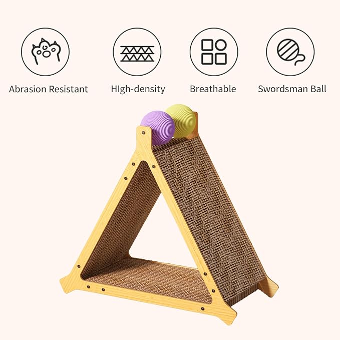 Stylish Triangle Cat Scratcher – 3-Sided Scratching Board with 2 Interactive Ball Toys, Durable Cardboard Cat Furniture for All Cats/Kittens (Modern Aesthetic, Sleek Design)
