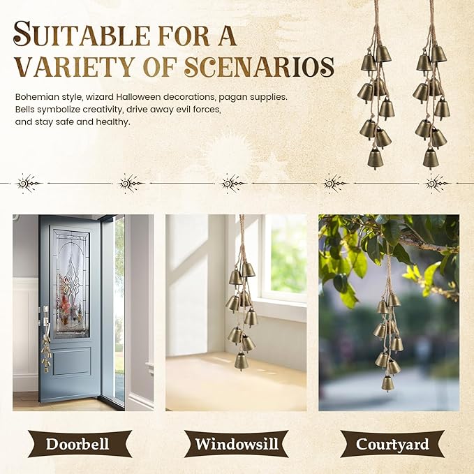 2 Pack Witch Bells for Door Knob Protection Outdoor Bells Hanging Bells for Door knob Witches Bells Magic Wind Chimes for Home Protection Witch Bells Kit(Rustic)