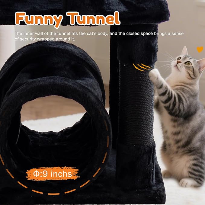 Cat Tree,Cat Tower for Indoor Cats,49-Inch Corner Cat Condo with Scratching Post,Tunnel,Basket,Plush Perch,Gothic Kitten Tree for Climbing,Exercise,Hidden,Black