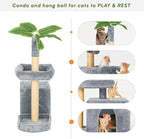 31.5" Cat Tree Tower for Indoor with Green Leaves, Cat Condo Cozy Plush House with Hang Ball and Leaf Shape Design, Cat Furniture Pet House with Scratching Posts, Grey