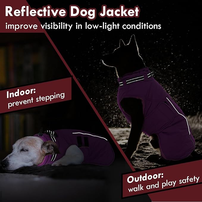 Dog Winter Coat with Harness, Warm Dog Jackets for Large Dogs Waterproof, Adjustable Hook&Loop Reflective Snowsuit, Cold Weather Coats for Dogs Labrador Doberman, XXXL Purple