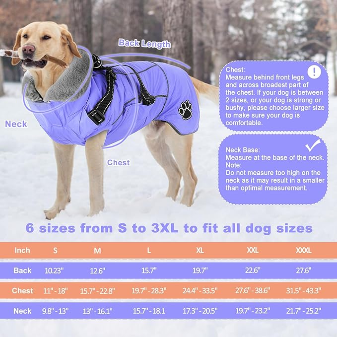 Doglay Dog Coat with Harness, Reflective Warm Dog Jacket Waterproof Puppy Winter Coat for Cold Weather, Adjustable Fleece Jacket for Small Medium Large Dogs