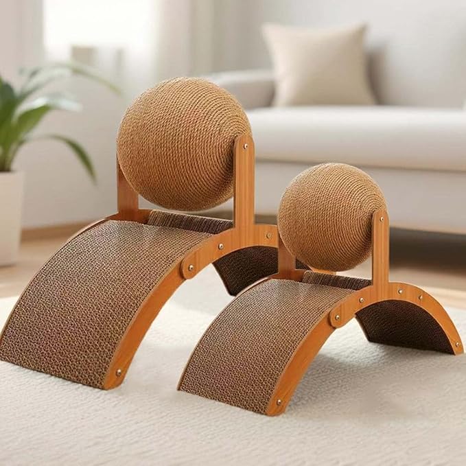 Cat Scratching Ball on Stand, Solid Wood Slanted Cat Scratching Board Design, 2-in-1 Interactive Cat Scratcher Toy with Arch Bridge and 360° Rotating Natural Sisal Ball for Indoor Cat Kittens (S)