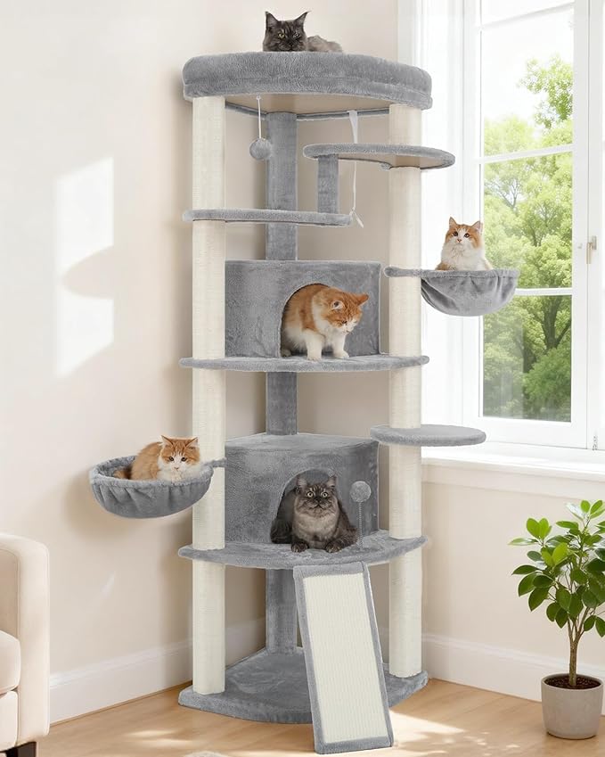 Corner Cat Tree for Indoor Cats, Cat Tower with All Sisal Scratching Posts, Multi-Level Cat Condo wth 2 Large Cat Caves, Big Top Perch, 2 Hanging Baskets, Sisal Ramp, Light Gray GCT035W