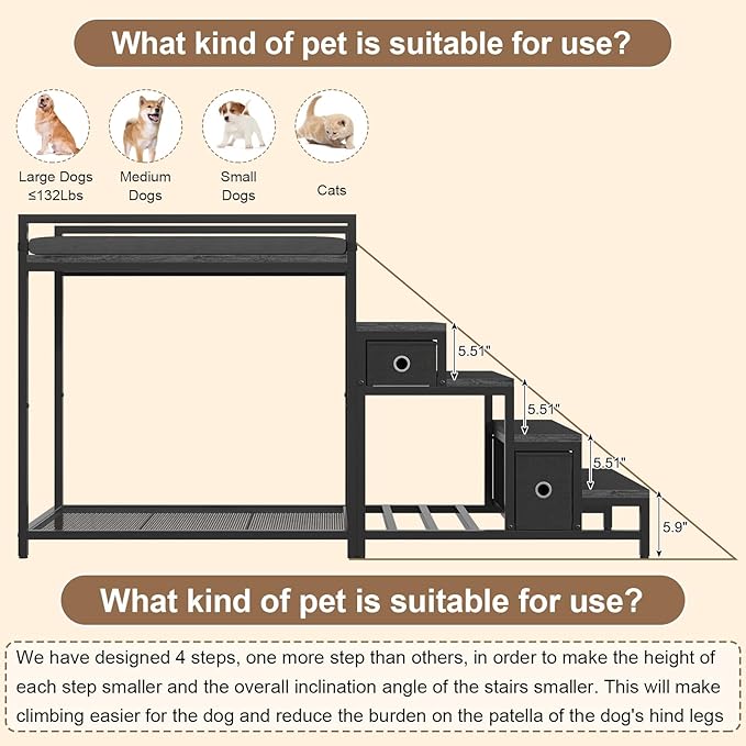 Pet Bunk Bed with Removable Stairs and 2 Drawers, Dogs/Cats Window Perch, Dog Window Seat with Soft Cushion, Ultra-Shallow Steps, Sturdy Metal Frame, Non-Slip, Load Capacity 60 LBS