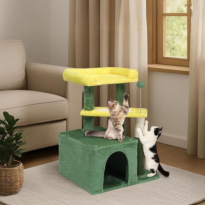 Outvita Cat Tree 27.5in Small Cat Tower, Multi-Level Cat Tree Tower with Cat Scratching Post and Pad, Cozy Cat Condo, Padded Top Bed for Kittens and Indoor Cats, Yellow & Green