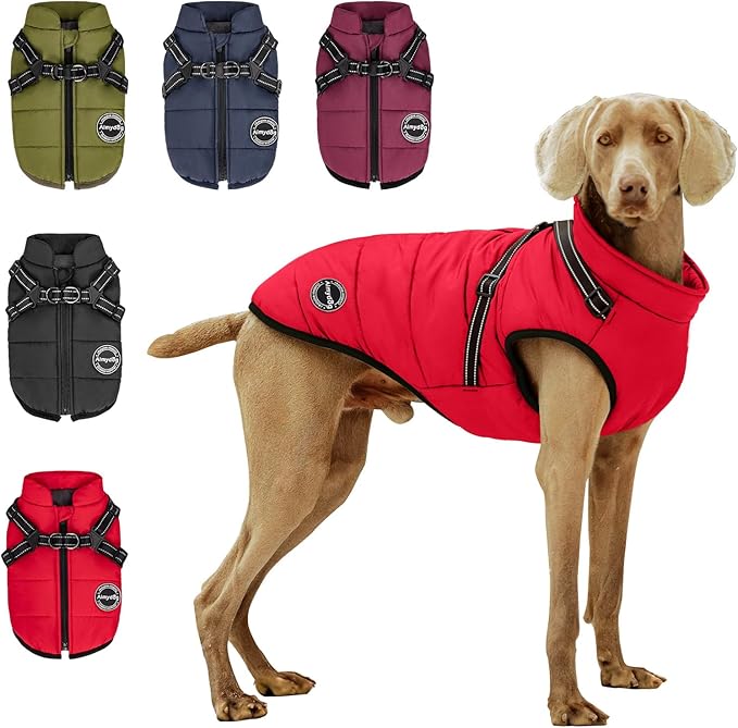 Warm Dog Winter Coat, Fashion Sports Dog Cold Weather Jacket with Built-in Harness, Reflective & Adjustable Comfortable Pet Vest, Windproof Apparel for Small Medium Large Dogs (Red)