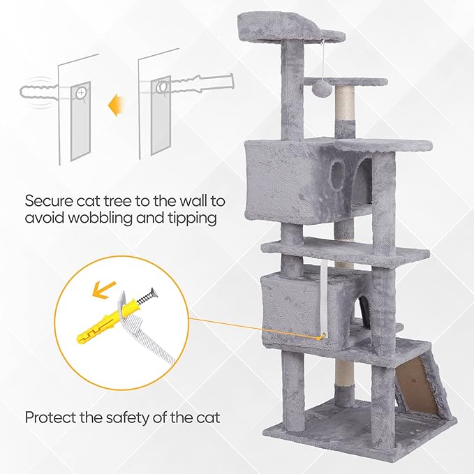 55 inches Heavy Duty Multi-Level Cat Tree Tower with Condo Furniture & Scratching Posts for Kittens Play Rest (Light Grey)