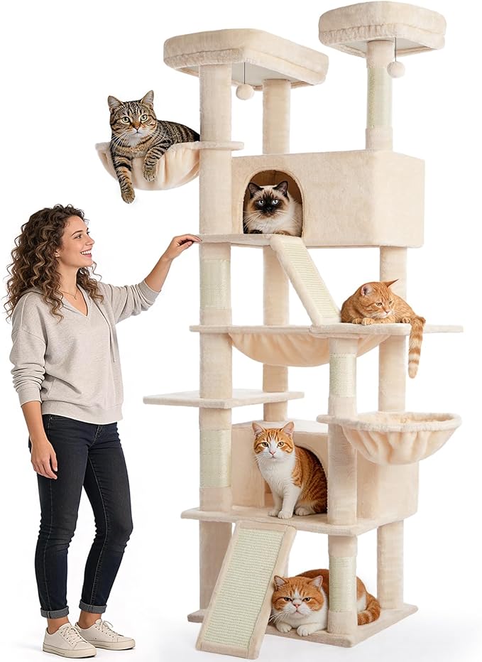 Cat Tree 82 in Multi-Level Cat Tower for Indoor Cats, Heavy Duty Large Cat Tree with Sisal Scratching Posts, Hammock, 2 Perches, 2 Condos, 2 Hanging Baskets, Beige