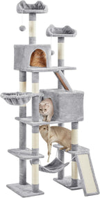 Yaheetech Cat Tree, 82.5in Large Tower w/Hammock, 2 Kitty-Ear Perches, 2 Cozy Condos, Scratching Posts, Basket, Furniture for Large Cats, Kittens, Light Gray