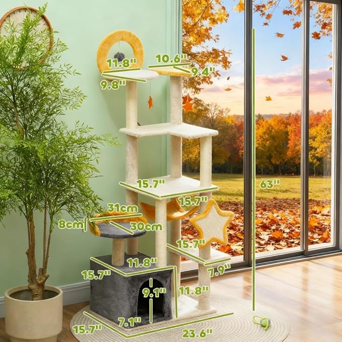 Premium Cat Tree Tower with Scratching Posts, Cozy Condos, and Hammock for Indoor Cats – Stylish Vertical Play Center (Beige + Particle Board + Plush)