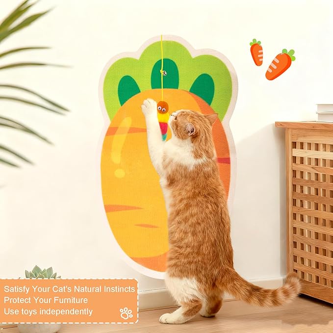 Adorable Carrot-Shaped cat Scratcher with wall-Mounted Design. Includes complimentary Mouse Toy for Play. Made of Felt Material—a Fun Gift and Perfect for Sharpening Claws