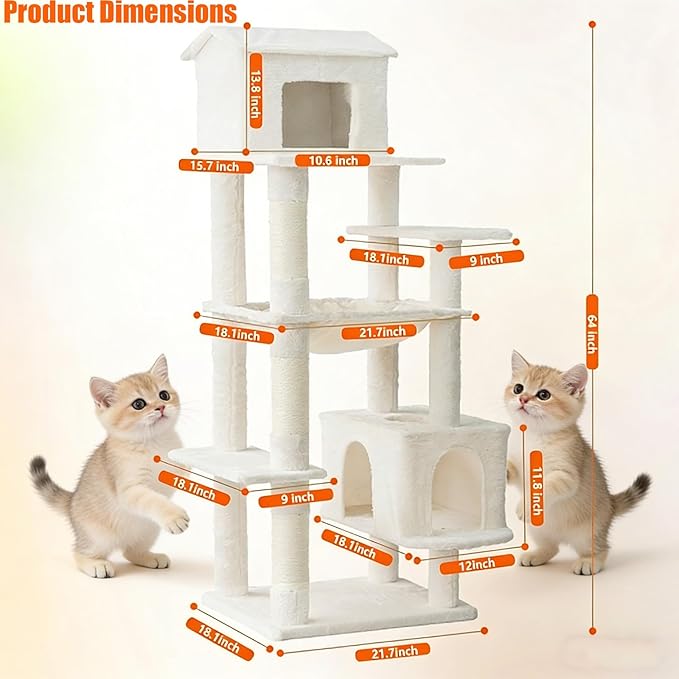 KAWHBET 64in Cat Tree,Cute Big Multi-Level Cat Tower Cat Tower W/Scratching Post,Apartment,and Extended Platform for Cats to Play and Sleep,Cat Tree for Indoor Cats Large Adult (White)