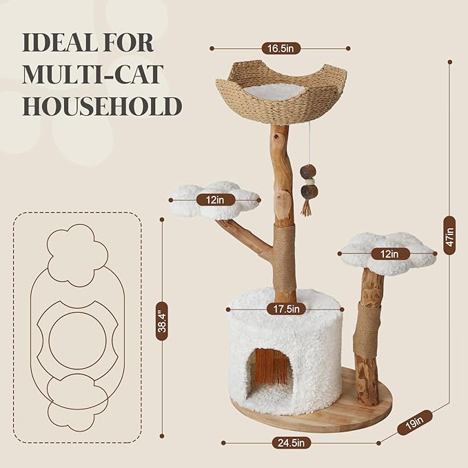 47-Inch Natural Wood Cat Tree for Cats, Modern Cat Tower with Multiple Platforms, Sisal Posts, Handwoven Bed, White Cushions
