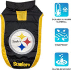 NFL Pittsburgh Steelers Puffer Vest for Dogs & Cats, Size Medium. Warm, Cozy, and Waterproof Dog Coat, for Small and Large Dogs/Cats. Best NFL Licensed PET Warming Sports Jacket