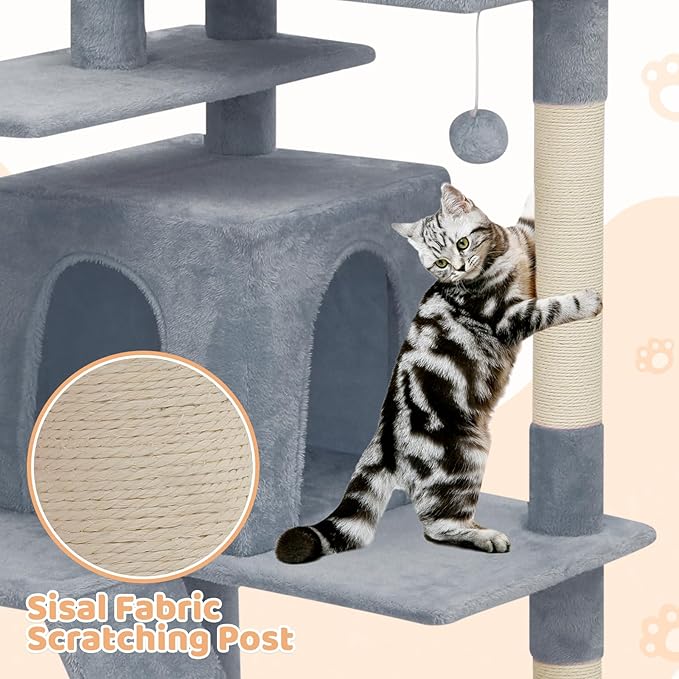 Tall Cat Tree with Scratching Post, 2 Cat Condos and Ladder, Cat Tower for Indoor Cats Kittens Climbing Tower with Anti-Tipping Rope, 77 Inch, Light Gray