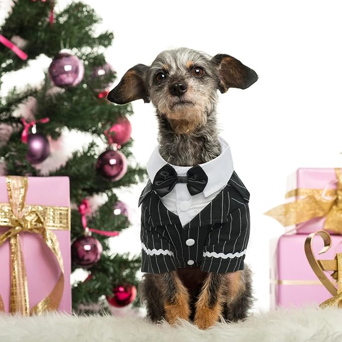 DENTRUN Dog Tuxedo Suit with Bow Tie - Formal Black & White Striped Pet Costume Shirt, Elegant Wedding Outfit Birthday Party Attire for Golden Retriever Husky Border Collie Large Dogs, XXXL