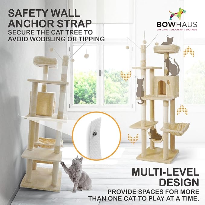 Tall Cat Tree for Indoor Large Cats or Kittens, Multi-Level Cat Activity Tree with Scratching Posts, Hammock, Cat Cave Condo, Modern Cute Small Cat Climbing Tower with Widened Perch