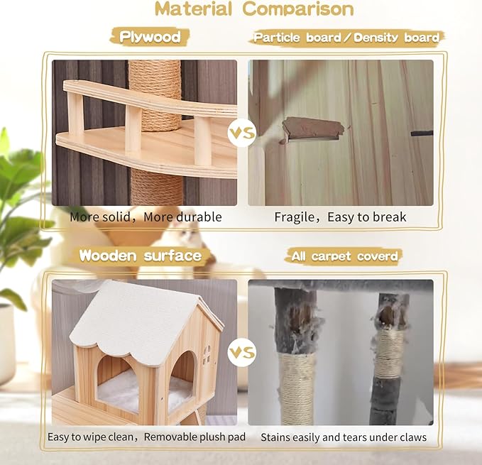 Cat Tree, Wood Cat Tree Tower for Indoor Cats, 47.3" Modern Cat Tower with Sisal-Covered Scratching Posts and Top Perch，Cat Condo with Acrylic Hammock for Small Large Cats