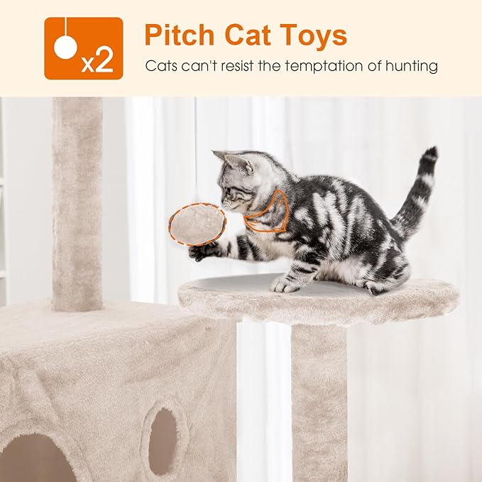 Cat Tree 69.3 inches Cat Tower for Indoor Cats Cat House with Replaceable and Removable Dangling Ball Cat Trees and Towers with Funny Toys, Beige