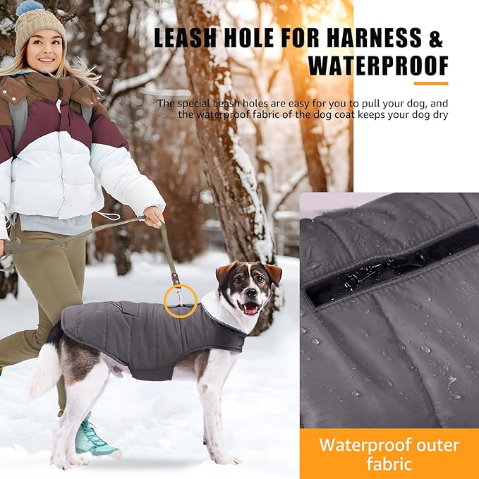 iBuddy Dog Winter Jacket for Large Dogs, Easy on Dog Snow Coat Velcro Waterproof Pet Puffer Coat with Harness Hole Adjustable Reflective Quilted Pet Cold Weather Vest Wind-Poof for Boy Male