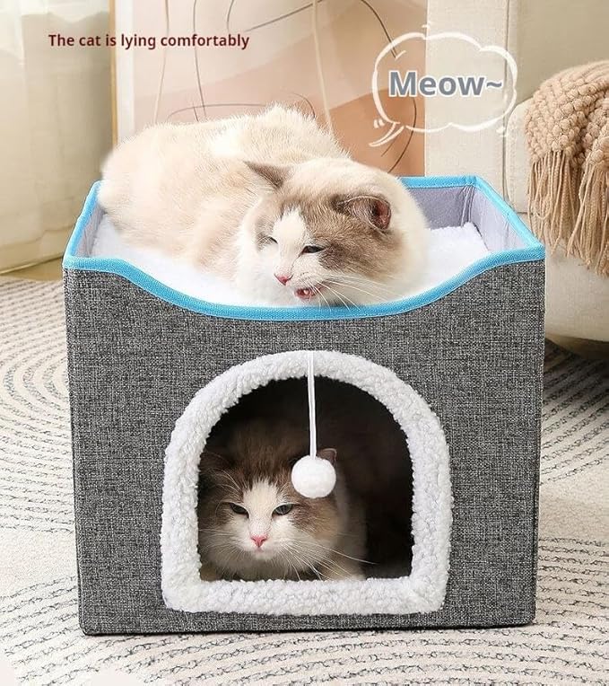 Cat Bed with Scratching Pad and Hanging Fluffy Ball Foldable Large Cat Cave House for Indoor Cats
