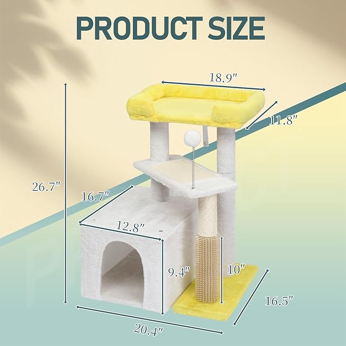 Cat Tree for Indoor Cats, 27'' Small Cat Tower Cat Condo with Sisal Scratching Ramp, Cozy Hammock and Removable Flower Bed Perch for Kittens (Off White)