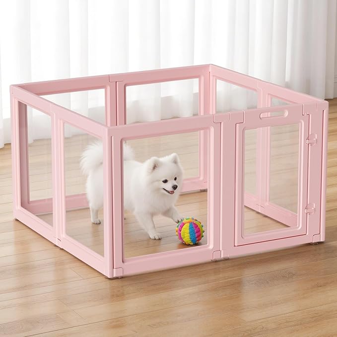DIY Clear Acrylic Dog Playpen House,Quick Easy Assembly and Disassembly,Strong Floor Suction,Indoor and Outdoor Use,Easy Cleansing Puppy Fence (Skin Pink, 30.3" H, 8PCS)