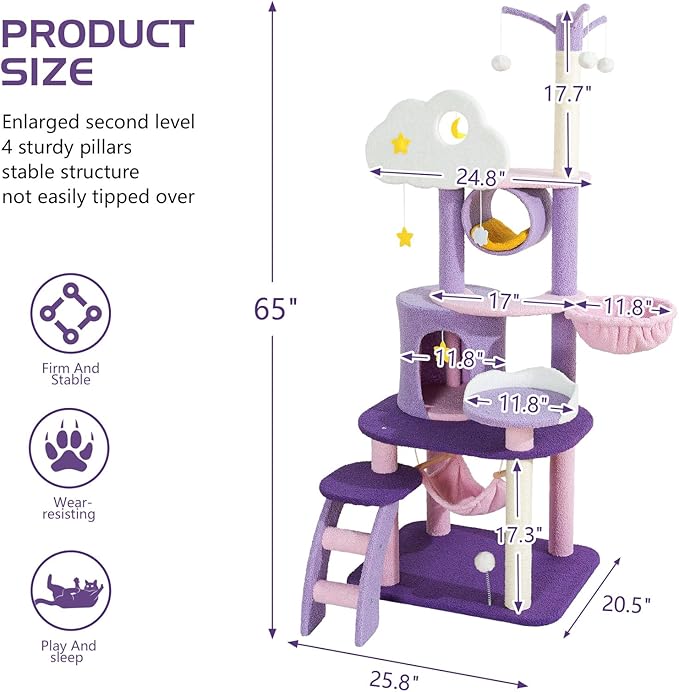 Lucky Monet Cute Cat Tower 65 Inches, Unique Cat Tree Large Tall for Indoor Cats, Purple Pink Cloud Big Cat Tree Cat Castle Mansion Condo for Large Cats Activity Trees with Scratching Post Hammock