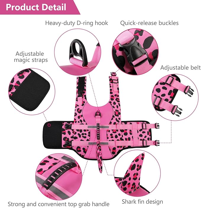 ASENKU Dog Life Jacket - Pet Safety Vest for Swimming & Boating, Shark Life Jacket with Floatation, Dog Lifesavers Swimsuits for Small Medium Large Dogs (Pink Leopard, L)
